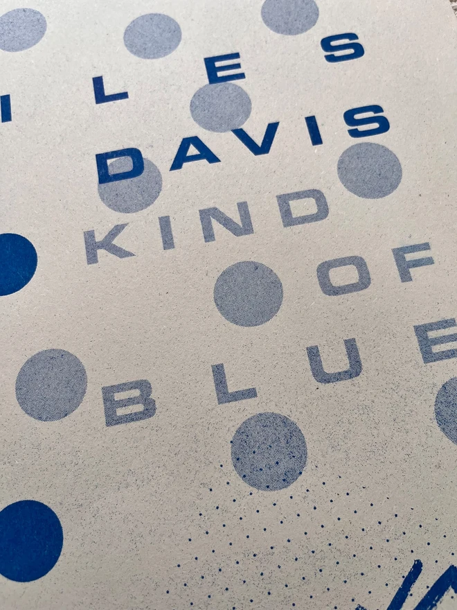 'Miles Davis' Kind Of Blue Risograph Print Jazz Poster, close up. 