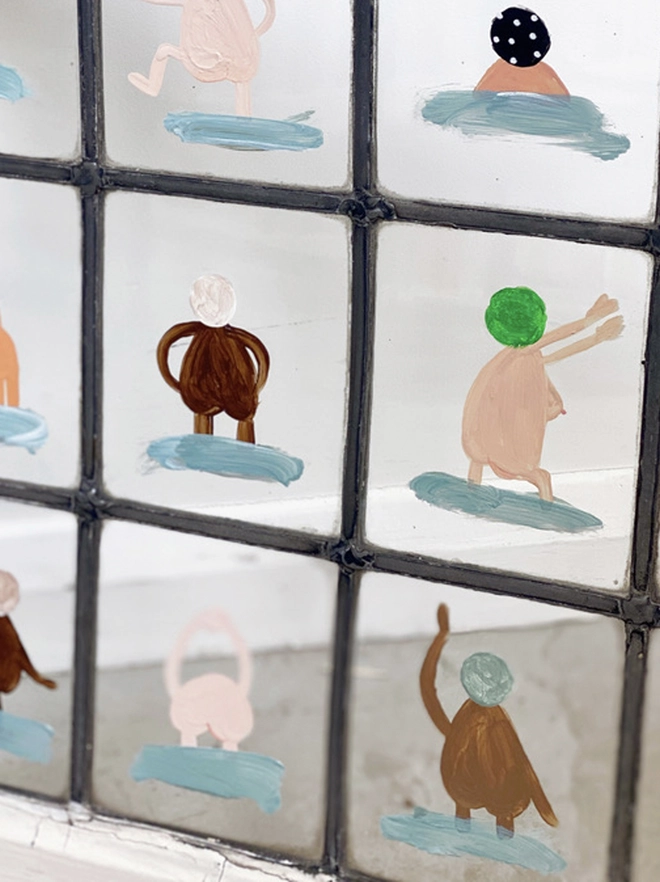 18 whimsical swimmers painted on old window stretching in the nude. Funny, quirky and playful