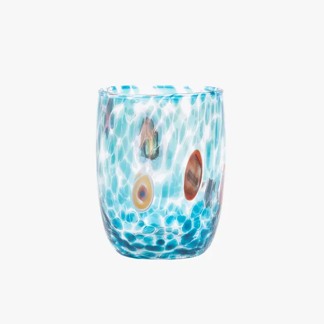 round tumbler glass with turquoise splotches