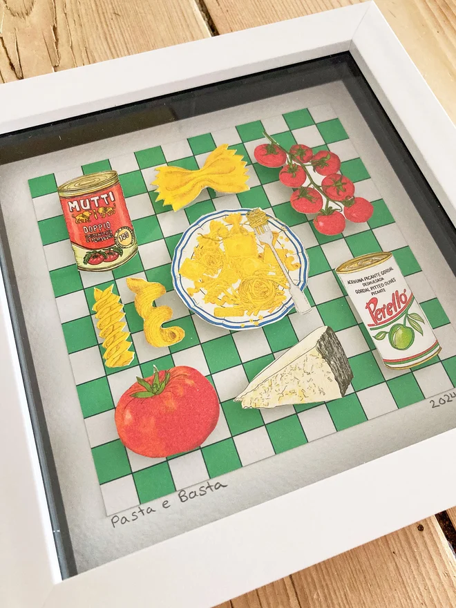 Colourful framed collage featuring Mediterranean food, with vibrant pasta dishes, tomatoes, and olives, set against a green and white checkered backdrop.