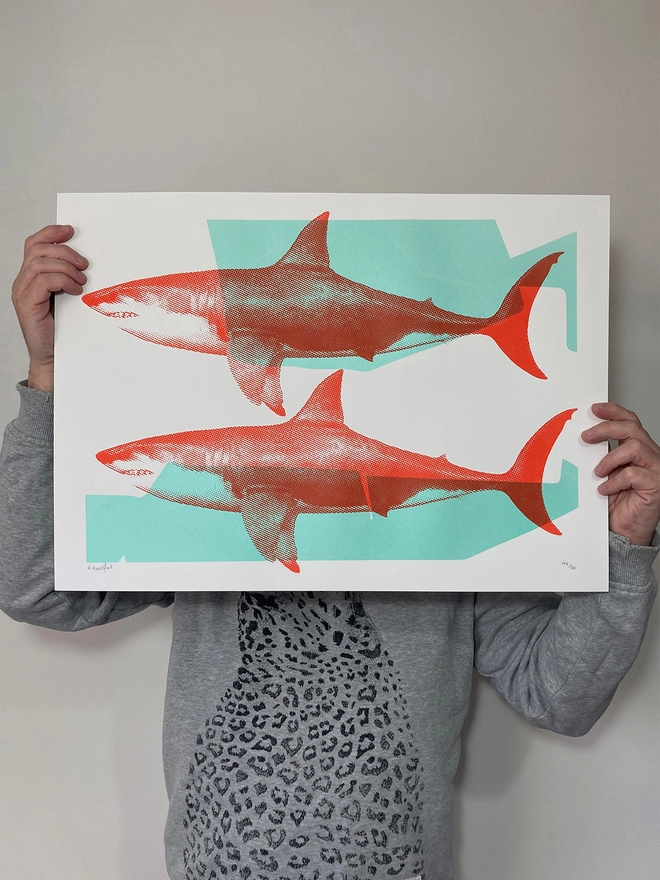 Shark Tank (Turquoise And Red) - Screen Printed Shark Poster - scale shot