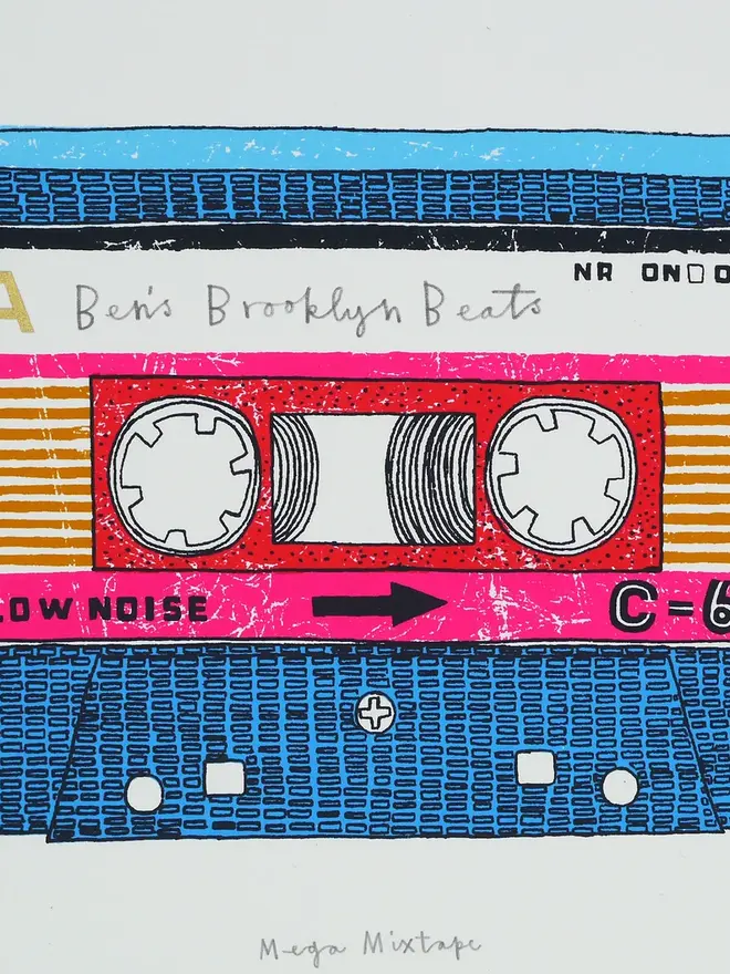 Personalised Mix Tape Screenprint Mega Mixtape, a colourful mixtape design in the centre of a white screenprint. 