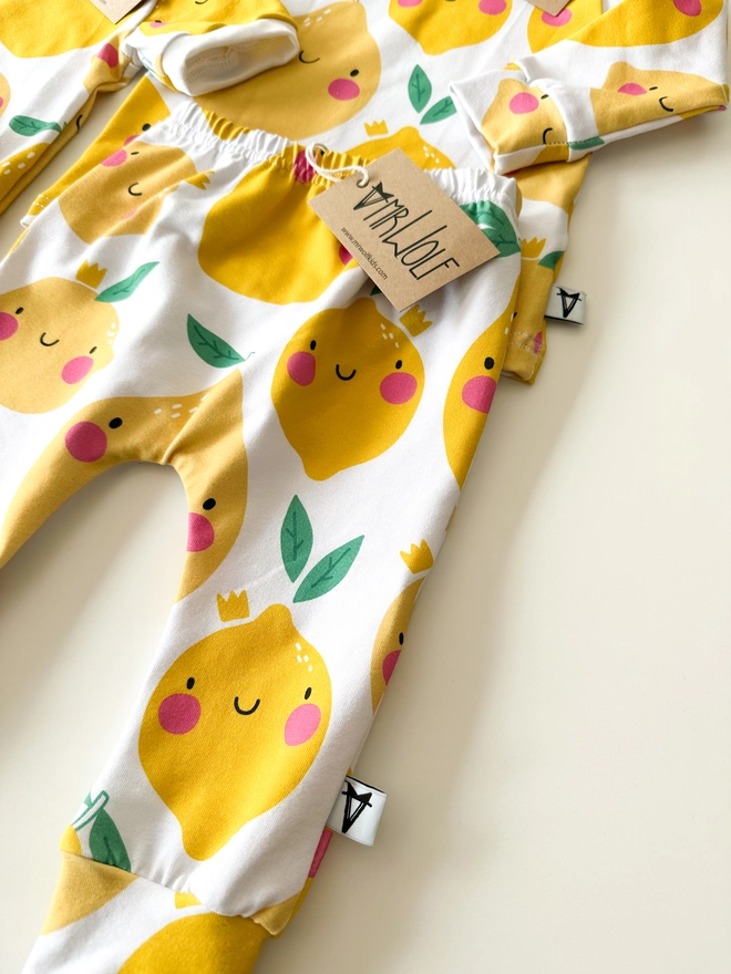 smiley lemons print leggings, t-shirt, shorties for babies, toddlers, kids