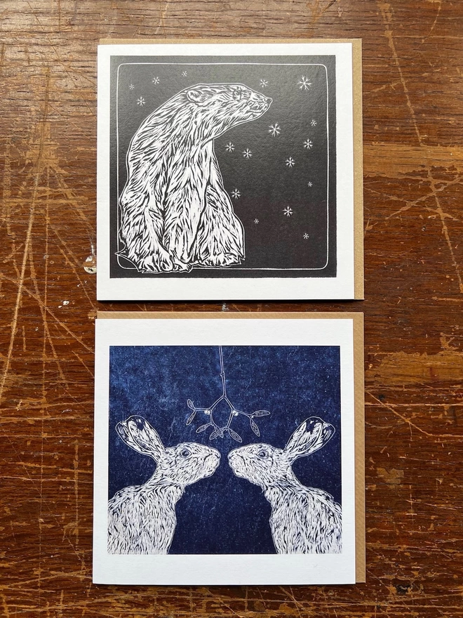 polar bear and kissing hares snowflake cards