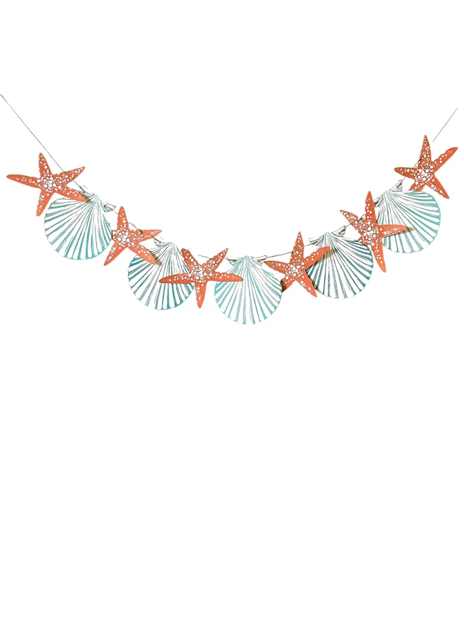 Shell & Starfish Linocut Garland.Hand Printed Seaside Shapes