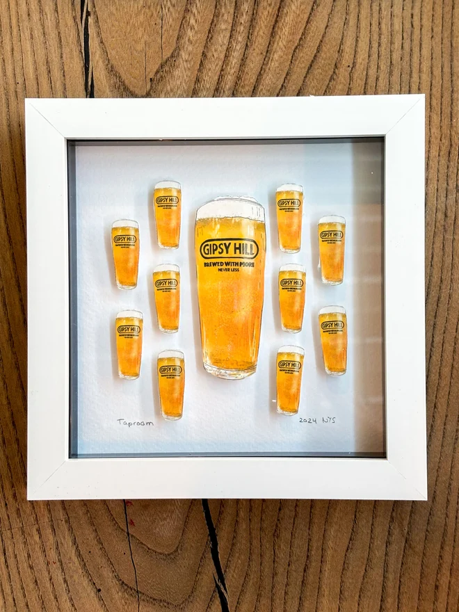 Paper collage featuring a collection of hand-drawn illustrated pint beer glasses, set against a white backdrop. Ideal for beer lovers, breweries, and craft beer enthusiasts, as well as those who appreciate quirky, beer-inspired artwork.