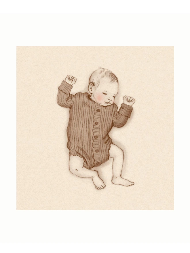 hand drawn sketch of a new born baby lying on its back. drawn in a traditional story book style sepia and cream with rosy pink cheeks