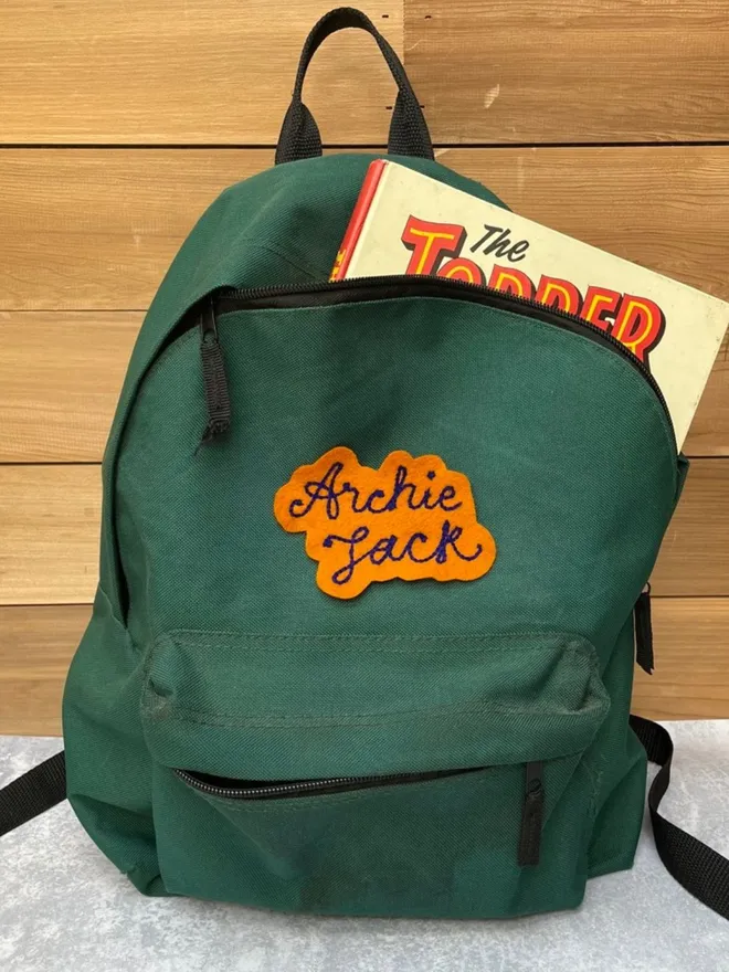 name patch on rucksack