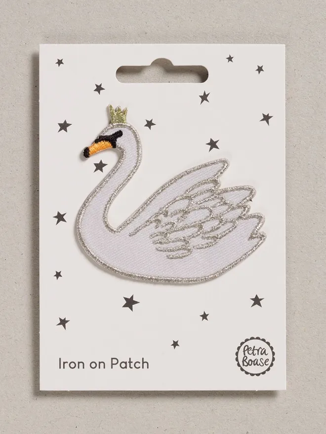 Swan embroidered iron on fabric patch for upcycling.