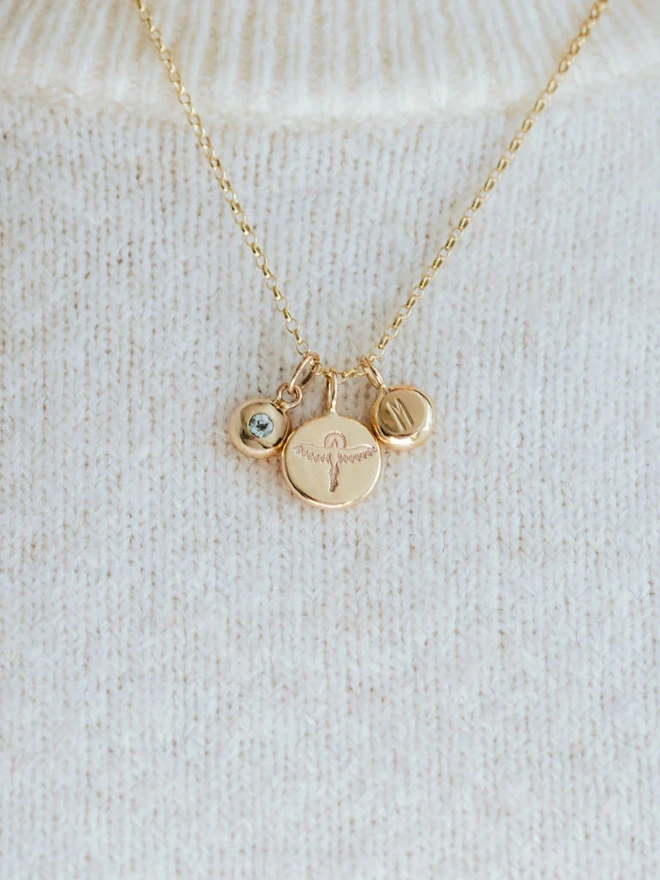 9ct Gold Phoenix Pebble Necklace against a white jumper
