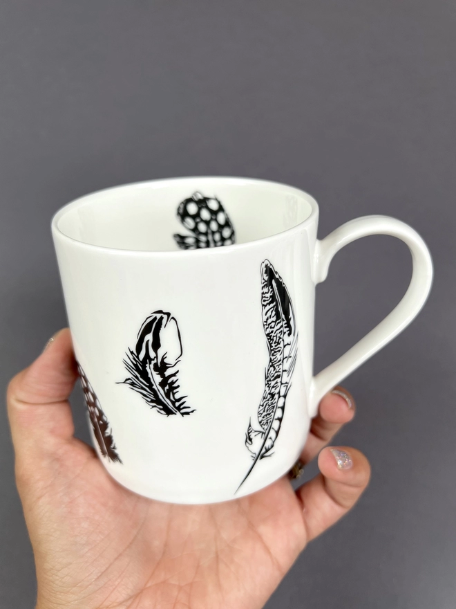 Image of the multi feather, dishwasher and microwave safe mug showing both outside and inside 