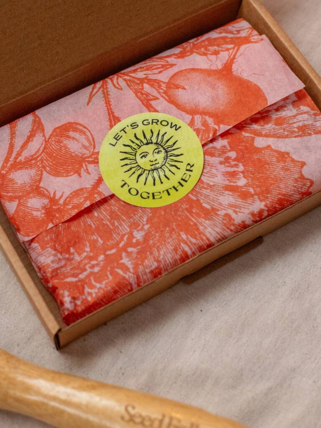 the salad bowl seed collection. box in pink and red packaging with illustrated tomatoes photographed open to show package inside