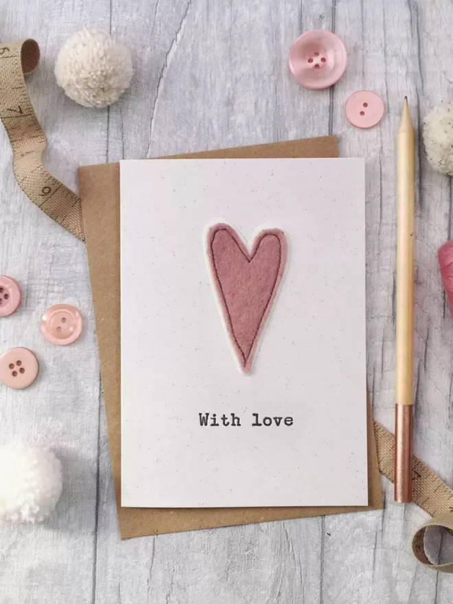 Embroidered Felt Heart With Love Card