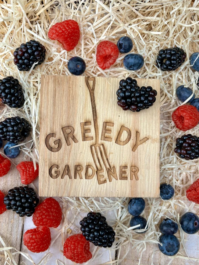 The Greedy Gardener logo engraved onto a wooden plaque and surrounded by blackberries, blueberries and loganberries