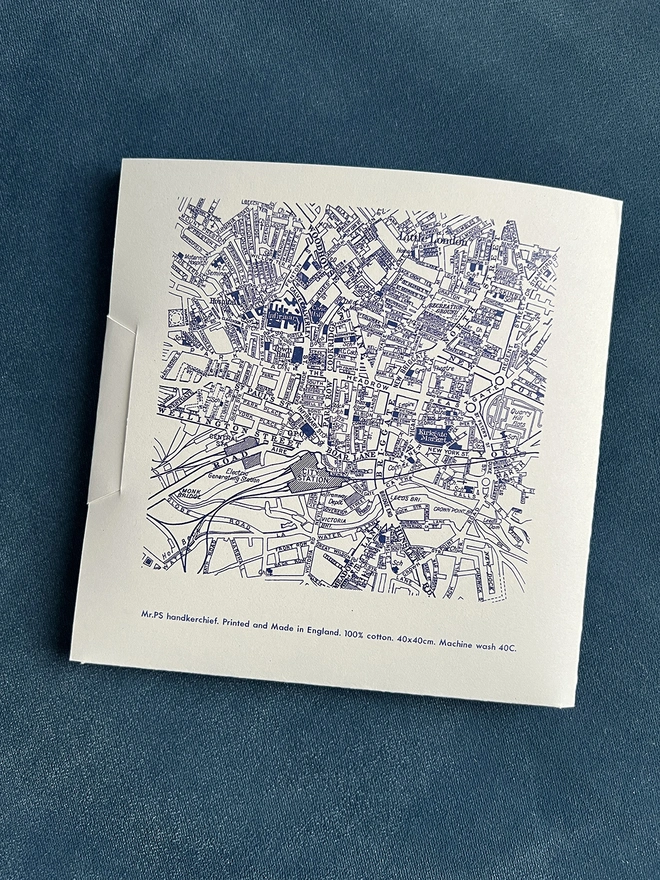 The back of the card wallet packaging a Mr.PS Leeds Handkerchief showing the whole printed map design