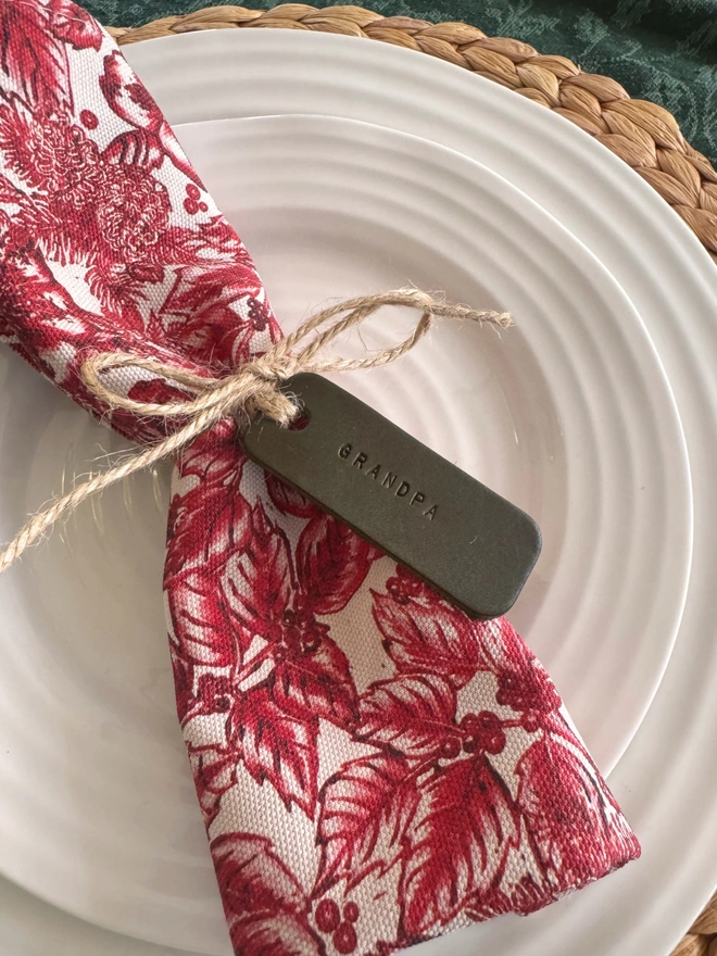 olive green hand stamped place settings