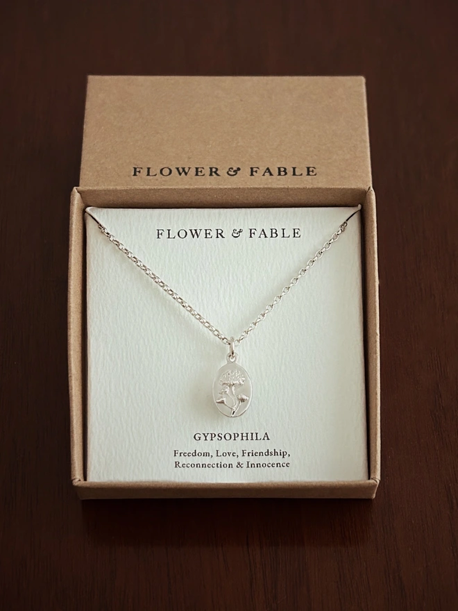 Sterling Silver Gypsophila Medal Charm with belcher chain in flower & fable packaging