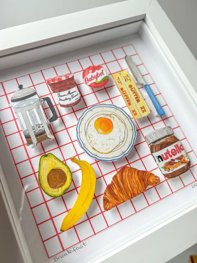 Close-up of llustrated 3D paper collage showing favourite breakfast staples like cheese, fried egg, butter 