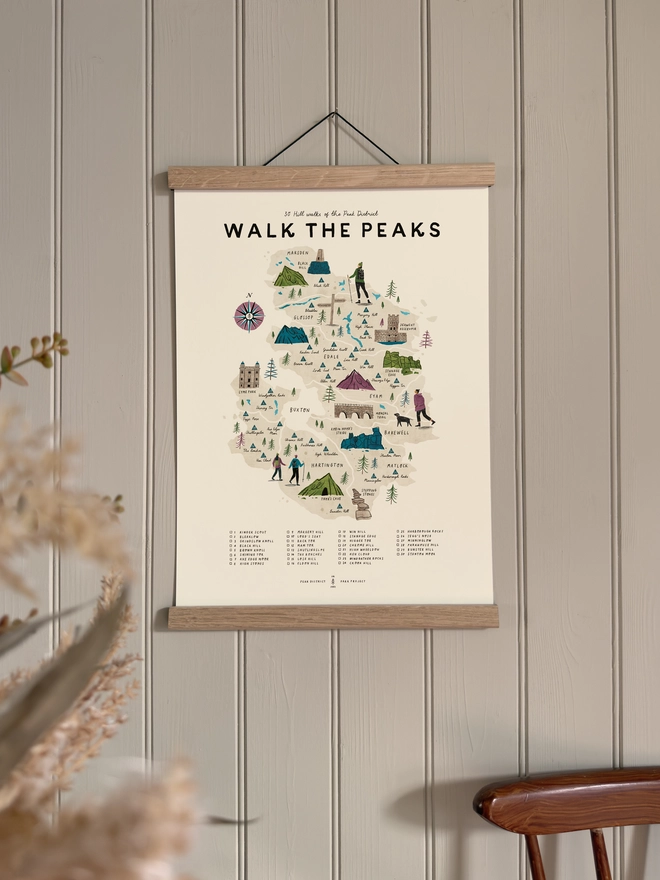 Walk the Peaks map print framed on a wall