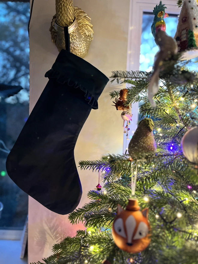 forest green velvet ruffled stocking 