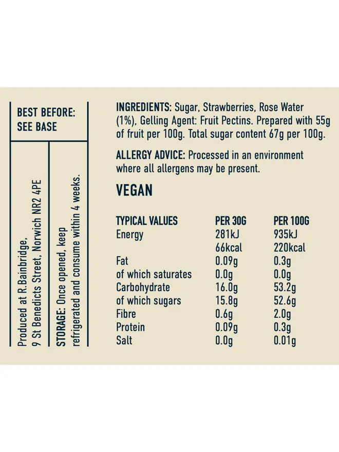 Strawberry & Rose Jam (Set Of 1, 2 Or 3), the nutritional information of the jam. 