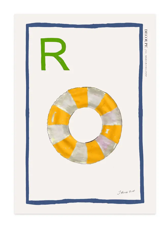 signed a-z alphabet prints. rubber ring print with the letter 'r' in the corner.