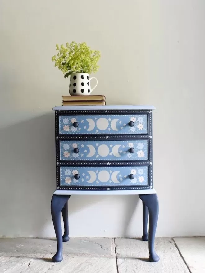 celestial folk art drawers vintage bedside tableend table blue hand painted