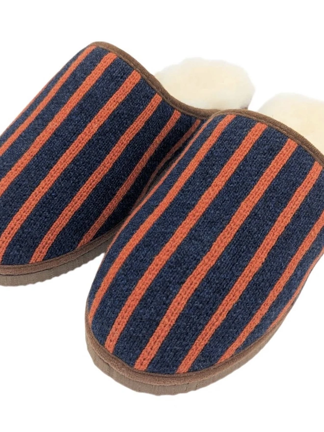 Lambswool & Sheepskin Slippers, a pair of colourful lambswool and sheepskin slippers sitting on a plain white surface. 