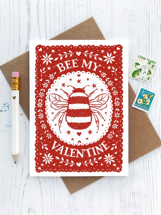 red and white bee my valentine card with stamps