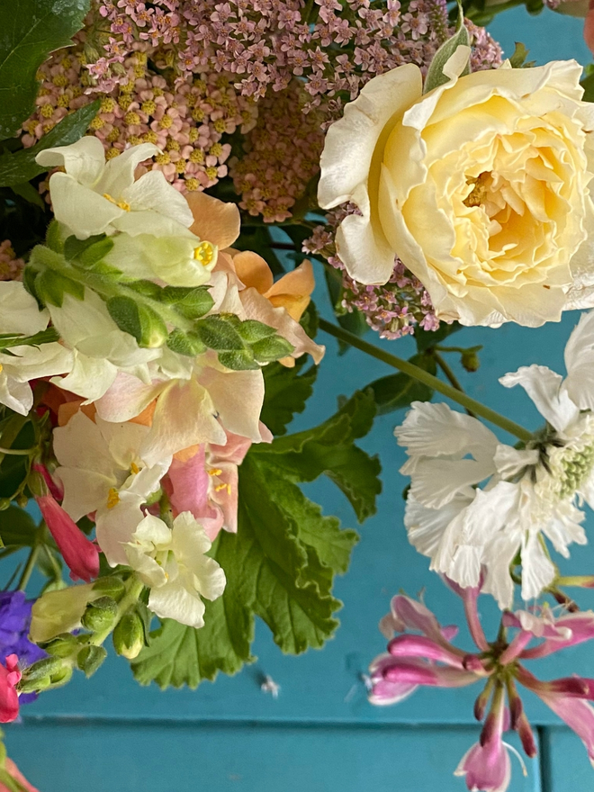 English garden bouquet flower box featuring a wild, hand-tied mix of pastel and bright seasonal blooms, including scented roses, mint, and soft garden foliage, freshly picked in Hampshire for July.
