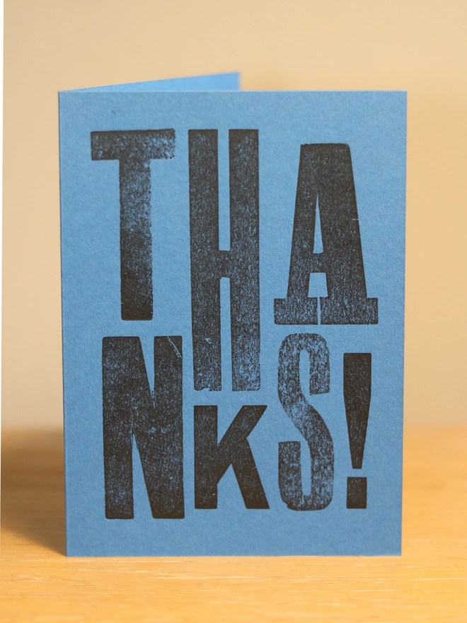 Vintage handmade letterpress printed thank you card in blue