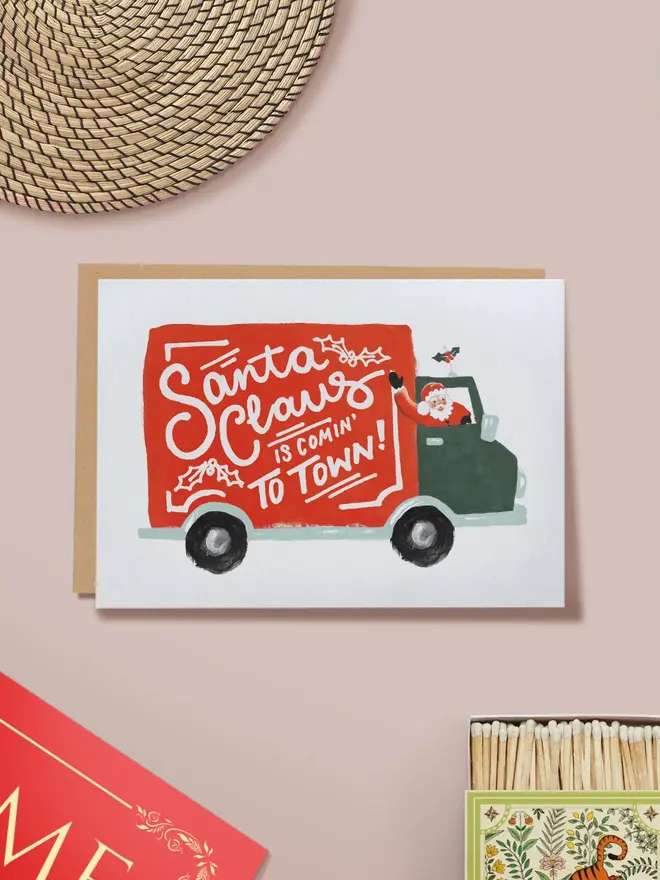 santa claus red van illustrated christmas card