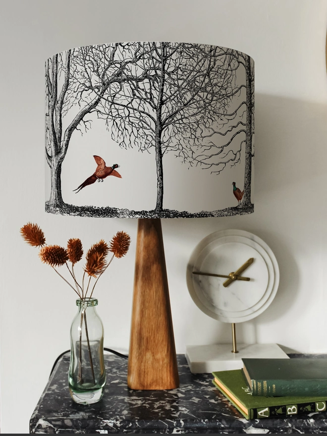 Handmade pheasant lampshade with whimsical woodland illustrations inspired by the British countryside