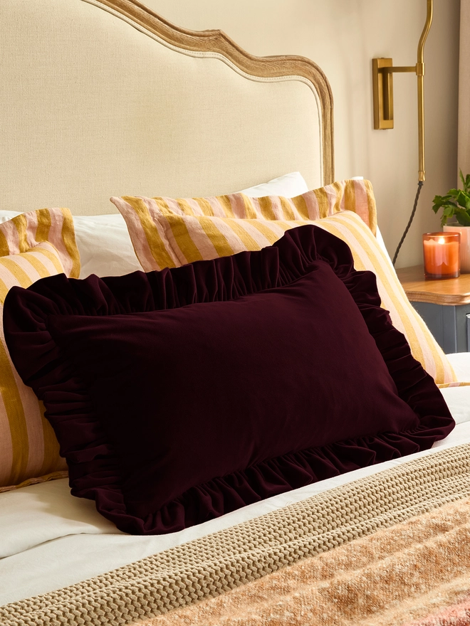 Handmade ruffled velvet lumbar cushion 50x35cm with feather pad, burgundy, Kika Bespoke