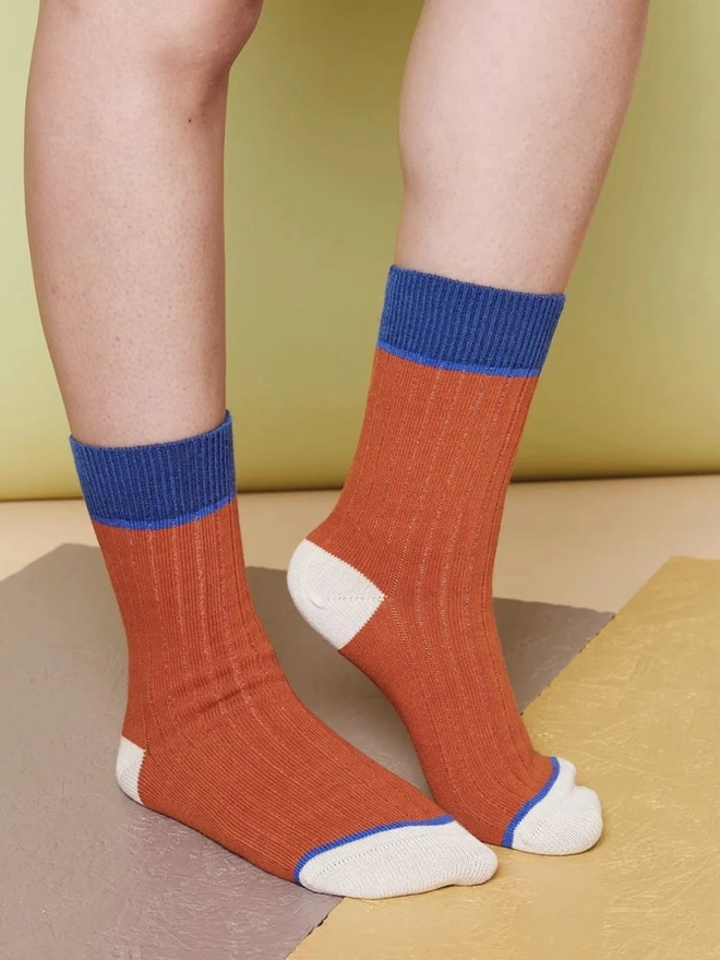 Unisex Organic Cotton Ribbed Ankle Socks, a person wearing a pair of colourful socks. 
