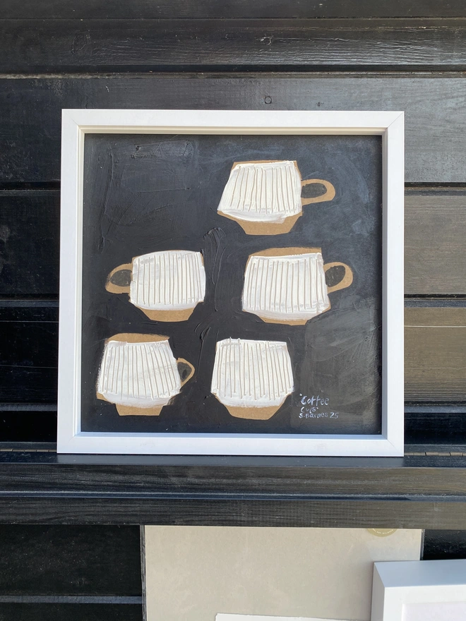 Painting of coffee cups, naive art, scandi art, monochrome folk art by Samantha Barnes