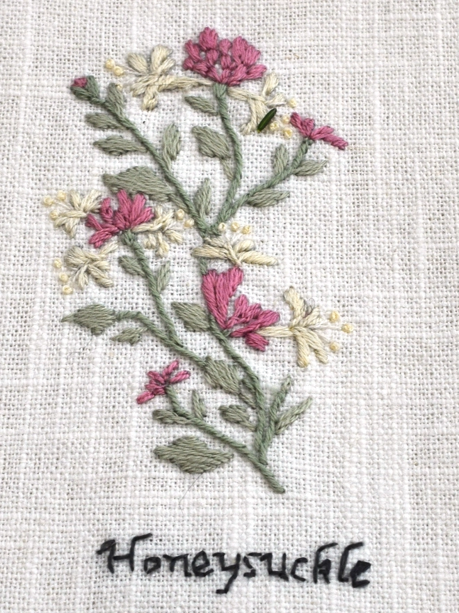 Floral Botanical embroidery kit of a pink and yellow Honeysuckle or Lonicera Periclymenum a symbol for June.  Meaning Bonds of love, Eternal Love, Sweetness, Happiness and Affection.