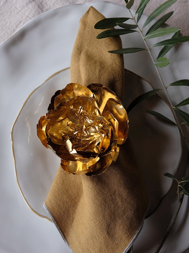 Brass peony napkin rings by Debbie Fairbrass