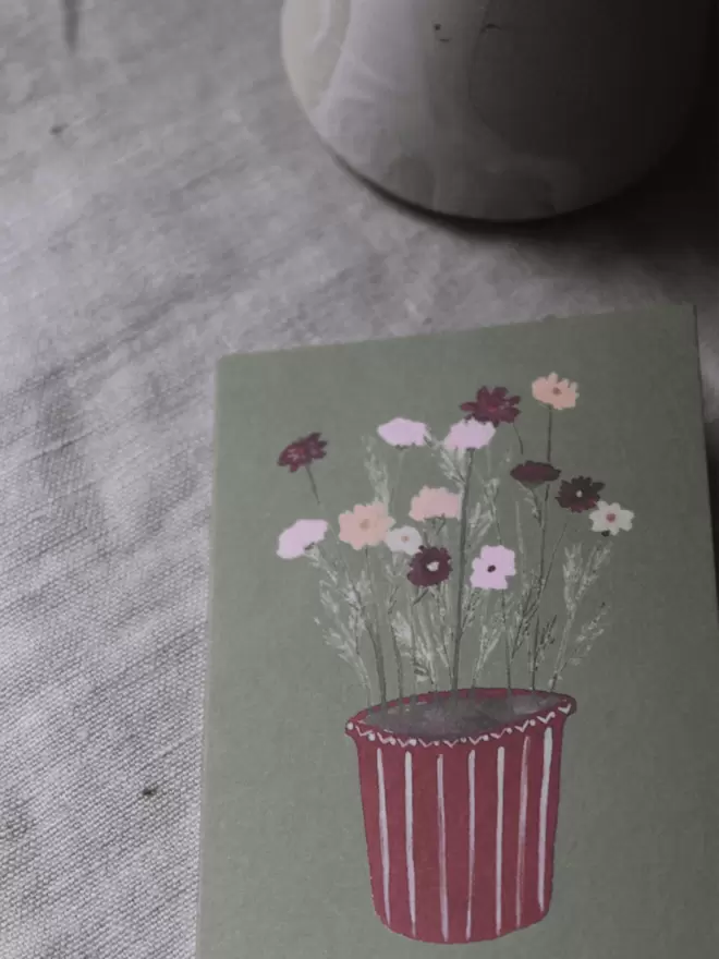 Greetings card with potted cosmos on.