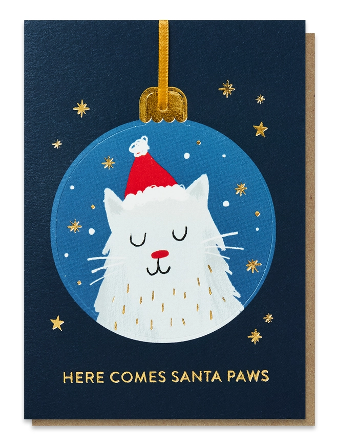 Close up image of Christmas pop-out bauble card with a cat illustration on it