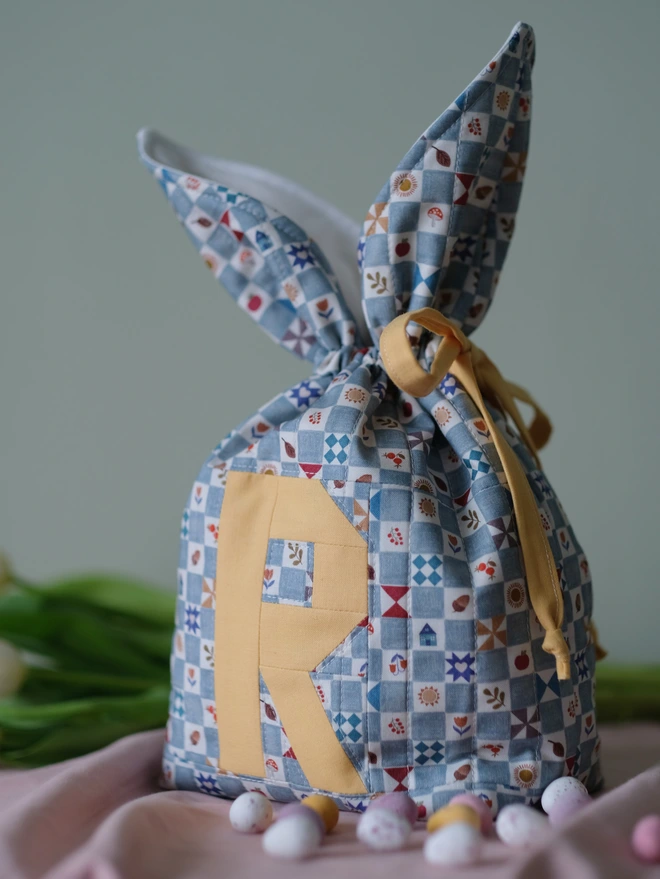 Cooper and Fred personalised Easter bag in checkerboard print with yellow letter