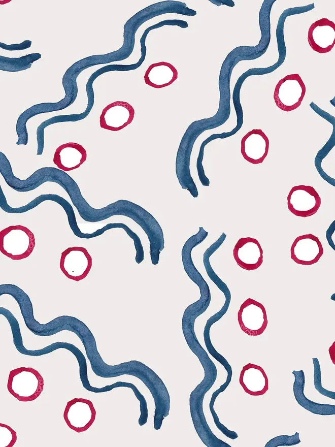 hoop and wiggle illustrated wall paper. a white background wallpaper patterned with blue circles and squiggly lines.