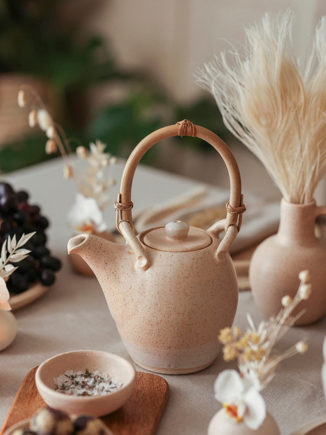 oatmeal cane handle stoneware teapot