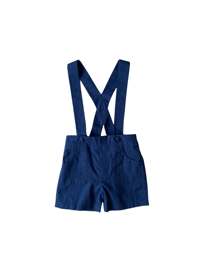 Cutout of navy twill shorts with braces