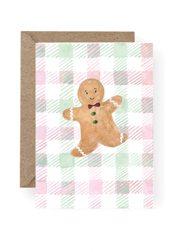 gingham background illustrated gingerbread man Christmas card