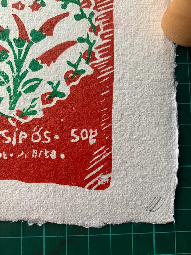 Lino Print Paprika Spice Bag On Handmade Paper