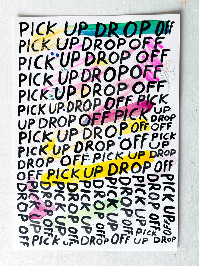 Pick Up Drop Off original artwork, painted in ink, watercolour and pencil, A4