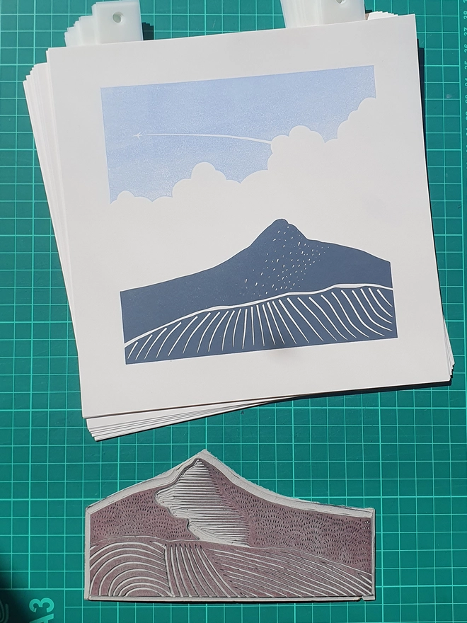 Linocut print of Sugarloaf mountain handmade art