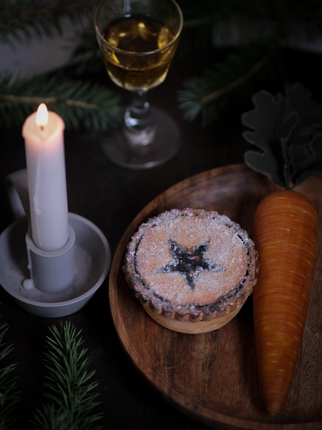 A festive handpainted wooden mince pie designed to become part of your family’s Christmas Eve tradition, with a special place for a note to Santa.