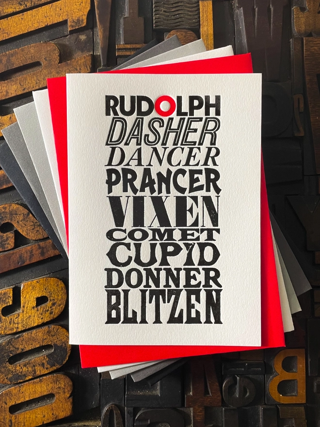 Nine reindeer. Nine typefaces. One magical flight. A typographic tribute to Santa’s reindeer, printed with care in classic letterpress tradition. XMAS For all you typographers out there, A pack of these beautiful typographic letterpress Christmas cards. Printed with rich inks with luxury matching and contrasting envelopes; ideal to send to your designer friends at the festive season. Hand printed on "Mary"; my vintage treadle Arab platen. 